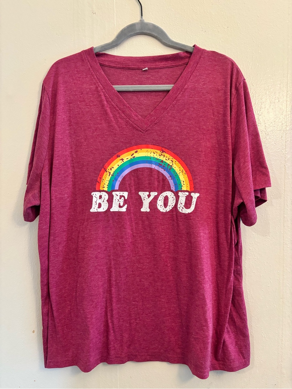 Be You Rainbow Pride V-Neck Tee - Pink/Burgundy